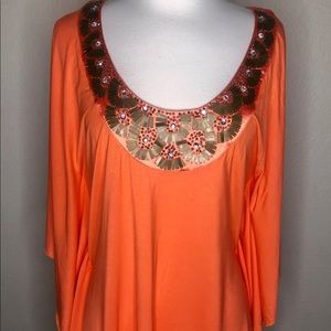 Kenneth Cole Orange Flowing Tunic Blouse Beaded